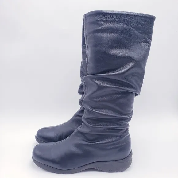 LA CANADIENNE Fur Lined Ruched Black Leather Mid Calf Winter Snow Boots Size 8.5
