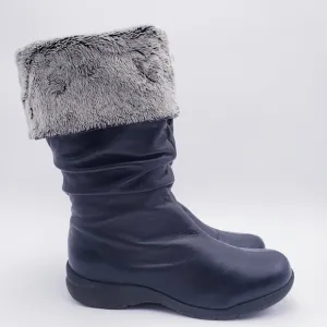 LA CANADIENNE Fur Lined Ruched Black Leather Mid Calf Winter Snow Boots Size 8.5