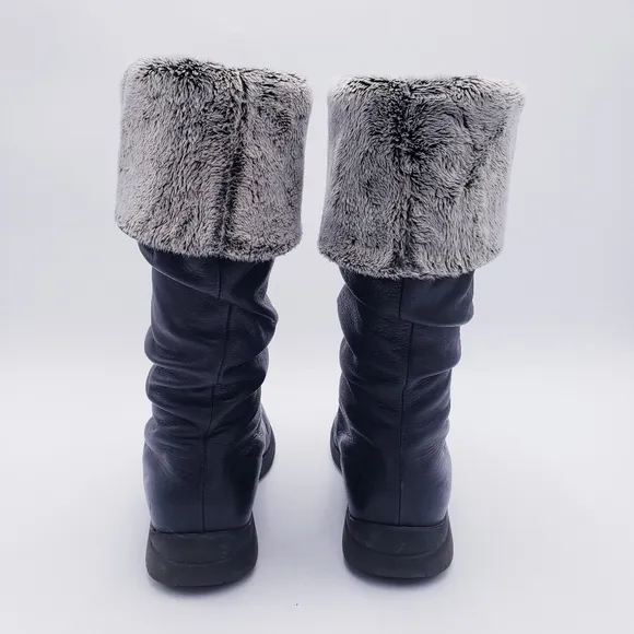 LA CANADIENNE Fur Lined Ruched Black Leather Mid Calf Winter Snow Boots Size 8.5