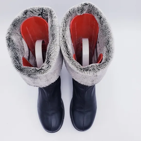LA CANADIENNE Fur Lined Ruched Black Leather Mid Calf Winter Snow Boots Size 8.5