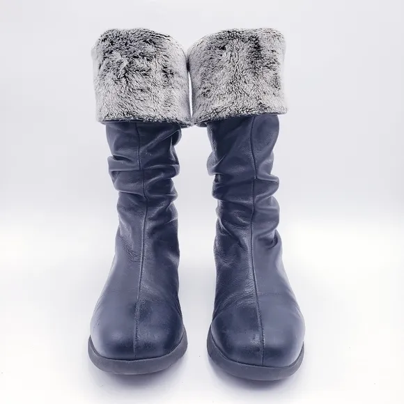 LA CANADIENNE Fur Lined Ruched Black Leather Mid Calf Winter Snow Boots Size 8.5