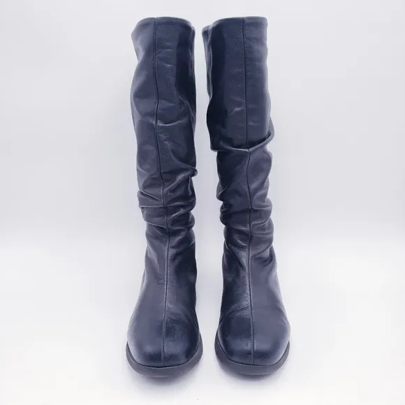 LA CANADIENNE Fur Lined Ruched Black Leather Mid Calf Winter Snow Boots Size 8.5