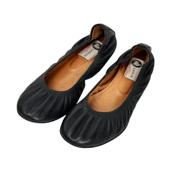 LANVIN ScrunchBallet Flats Sz.9.5 Black Leather Quiet Luxury Minimalist Chic