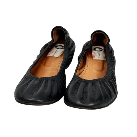 LANVIN ScrunchBallet Flats Sz.9.5 Black Leather Quiet Luxury Minimalist Chic