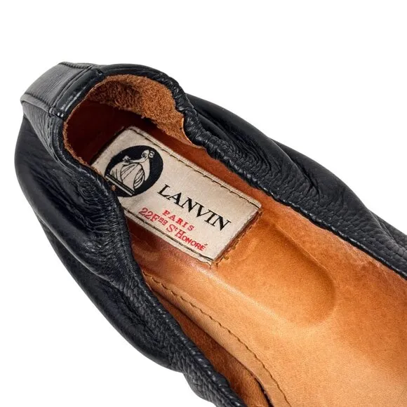 LANVIN ScrunchBallet Flats Sz.9.5 Black Leather Quiet Luxury Minimalist Chic