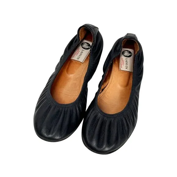 LANVIN ScrunchBallet Flats Sz.9.5 Black Leather Quiet Luxury Minimalist Chic