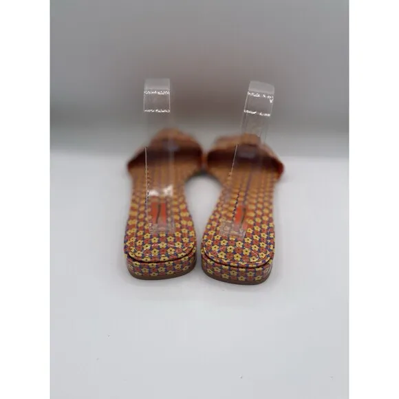 Larroude Sandals Women Orange Floral Athena Flat Shoes Vacay Preppy Size 9