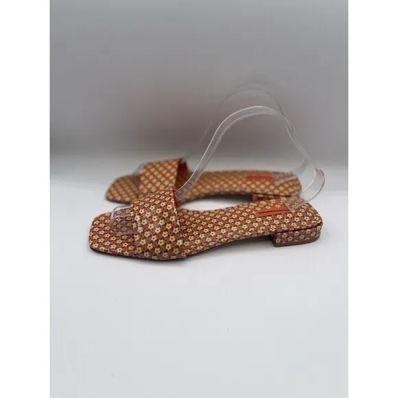 Larroude Sandals Women Orange Floral Athena Flat Shoes Vacay Preppy Size 9