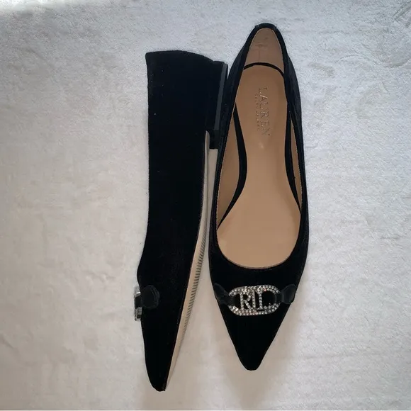 Lauren Ralph Lauren Women Sz 9B Lilah Velvet Ballet Flats Holiday Navy Crystal