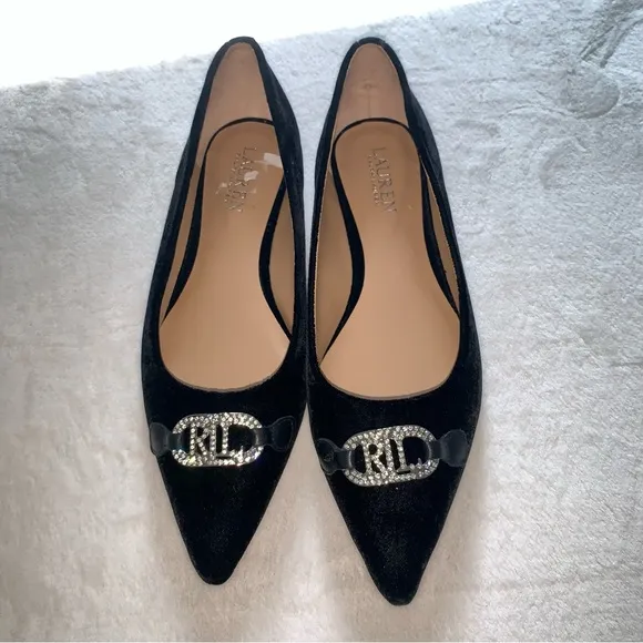 Lauren Ralph Lauren Women Sz 9B Lilah Velvet Ballet Flats Holiday Navy Crystal