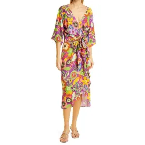 LE SUPERBE Floral Muse Asymmetric Tie Front Midi Dress 8 NEW