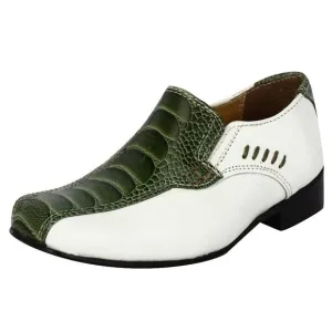 LIBERTYZENO Kid's OLIVE OSTRICH LEG / WHITE PLAIN Leather Loafers Dress Shoes