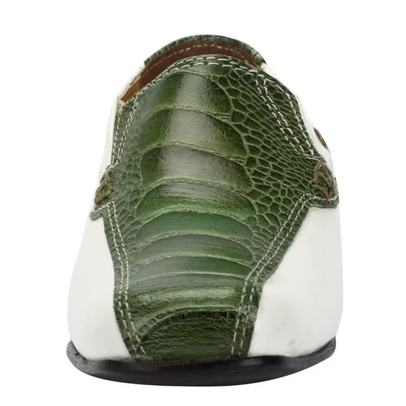 LIBERTYZENO Kid's OLIVE OSTRICH LEG / WHITE PLAIN Leather Loafers Dress Shoes