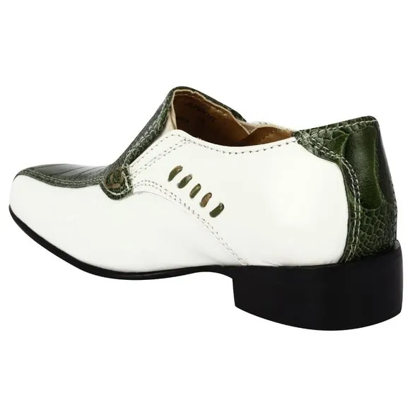 LIBERTYZENO Kid's OLIVE OSTRICH LEG / WHITE PLAIN Leather Loafers Dress Shoes