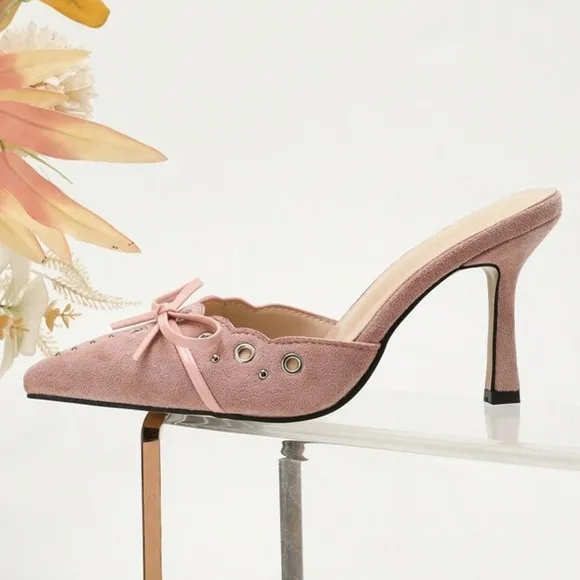 Light pink studded bow faux suede pointed toe mule heels