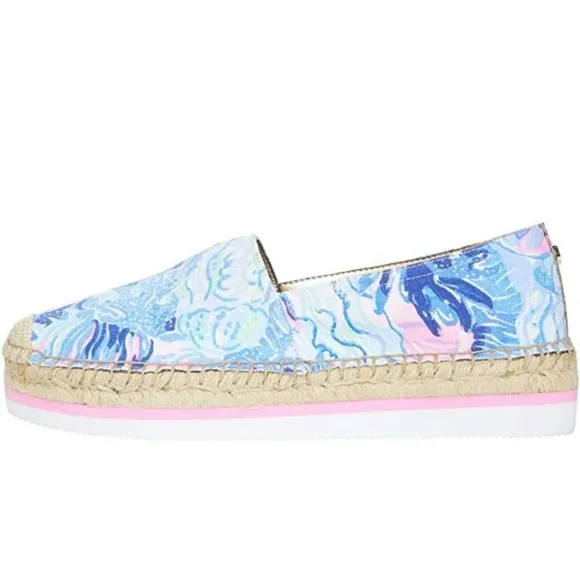 Lilly Pulitzer Marlo Espadrilles Flats Saltwater Blue Pink Canvas Platform 9