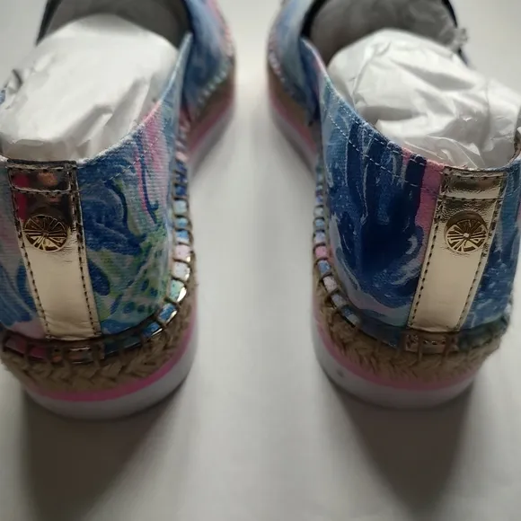 Lilly Pulitzer Marlo Espadrilles Flats Saltwater Blue Pink Canvas Platform 9