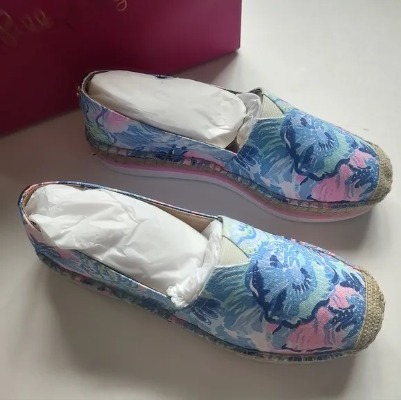 Lilly Pulitzer Marlo Espadrilles Flats Saltwater Blue Pink Canvas Platform 9