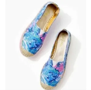 Lilly Pulitzer Marlo Espadrilles Flats Saltwater Blue Pink Canvas Platform 9