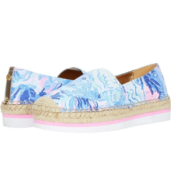 Lilly Pulitzer Marlo Espadrilles Flats Saltwater Blue Pink Canvas Platform 9