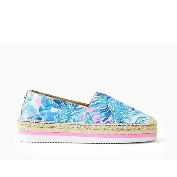 Lilly Pulitzer Marlo Espadrilles Flats Saltwater Blue Pink Canvas Platform 9