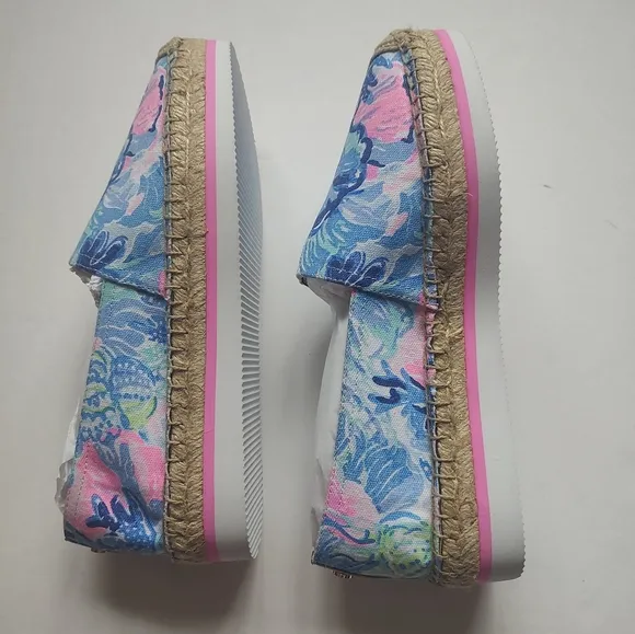 Lilly Pulitzer Marlo Espadrilles Flats Saltwater Blue Pink Canvas Platform 9