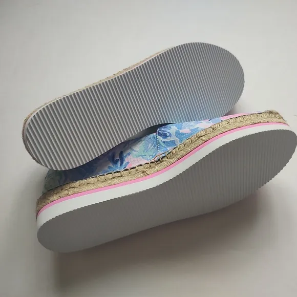 Lilly Pulitzer Marlo Espadrilles Flats Saltwater Blue Pink Canvas Platform 9