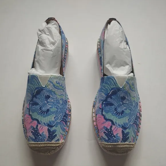 Lilly Pulitzer Marlo Espadrilles Flats Saltwater Blue Pink Canvas Platform 9