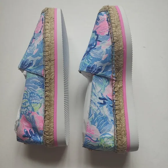 Lilly Pulitzer Marlo Espadrilles Flats Saltwater Blue Pink Canvas Platform 9