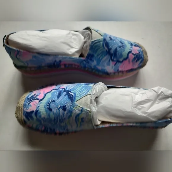 Lilly Pulitzer Marlo Espadrilles Flats Saltwater Blue Pink Canvas Platform 9