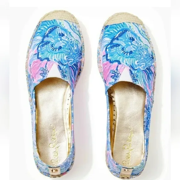 Lilly Pulitzer Marlo Espadrilles Flats Saltwater Blue Pink Canvas Platform 9