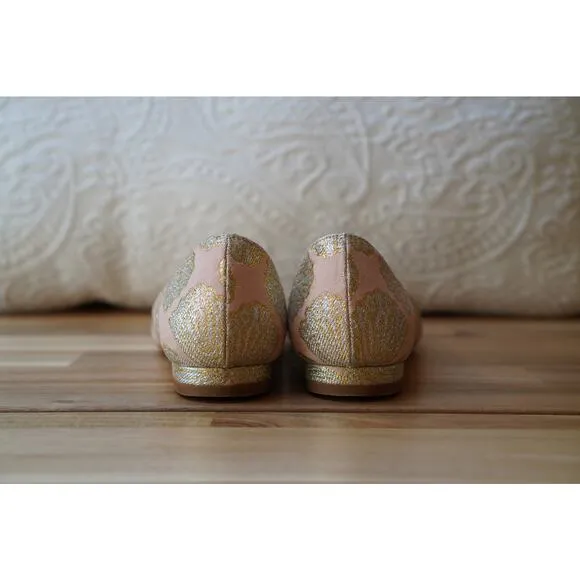 LK Bennett Cally Delicate Point Ballet Flats Pink Metallic Gold Jacquard US 6