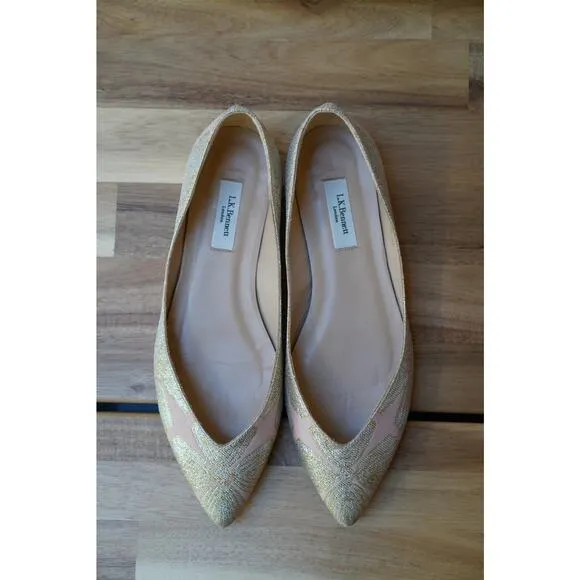 LK Bennett Cally Delicate Point Ballet Flats Pink Metallic Gold Jacquard US 6