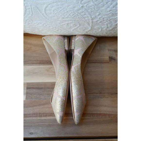 LK Bennett Cally Delicate Point Ballet Flats Pink Metallic Gold Jacquard US 6