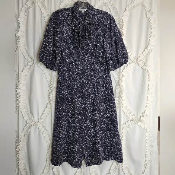 L.K. Bennett DR Tillila Tea Length Midi Sloane Blue Star Print Shirt Dress sz 4