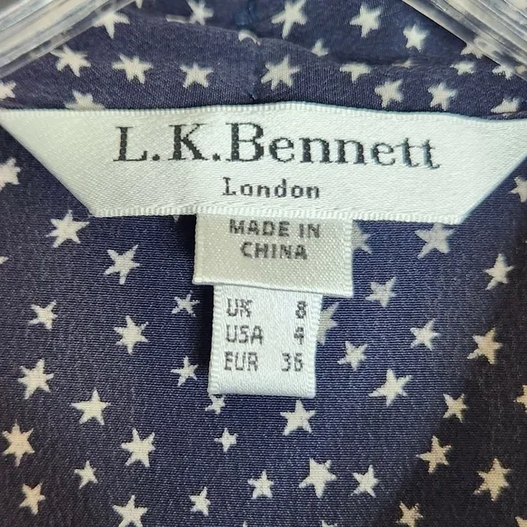 L.K. Bennett DR Tillila Tea Length Midi Sloane Blue Star Print Shirt Dress sz 4