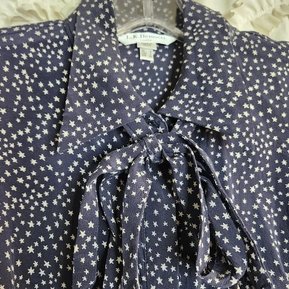 L.K. Bennett DR Tillila Tea Length Midi Sloane Blue Star Print Shirt Dress sz 4