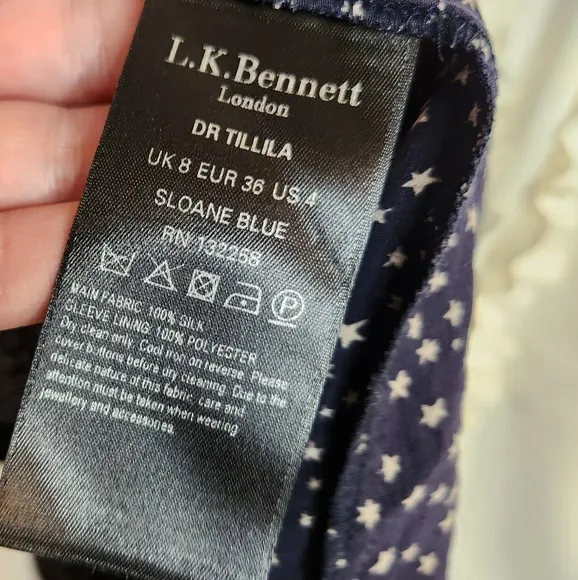 L.K. Bennett DR Tillila Tea Length Midi Sloane Blue Star Print Shirt Dress sz 4