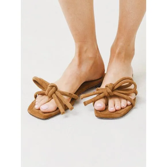 Loeffler Randall Hadley Bow Slip-On Flat Sandals Suede Brown Size 10.5 Preowned