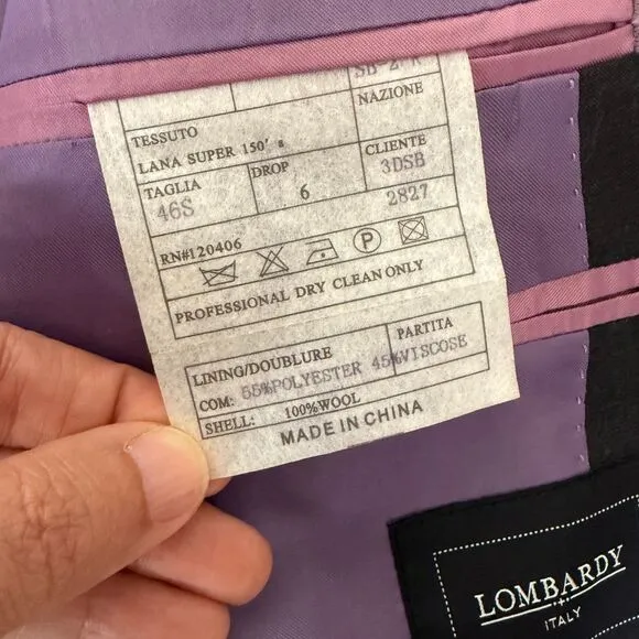 Lombardy Italy 46S Charcoal Gray Suit Jacket 100% Wool, Purple Lining Two-Button