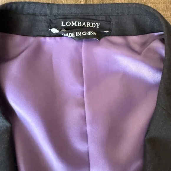 Lombardy Italy 46S Charcoal Gray Suit Jacket 100% Wool, Purple Lining Two-Button