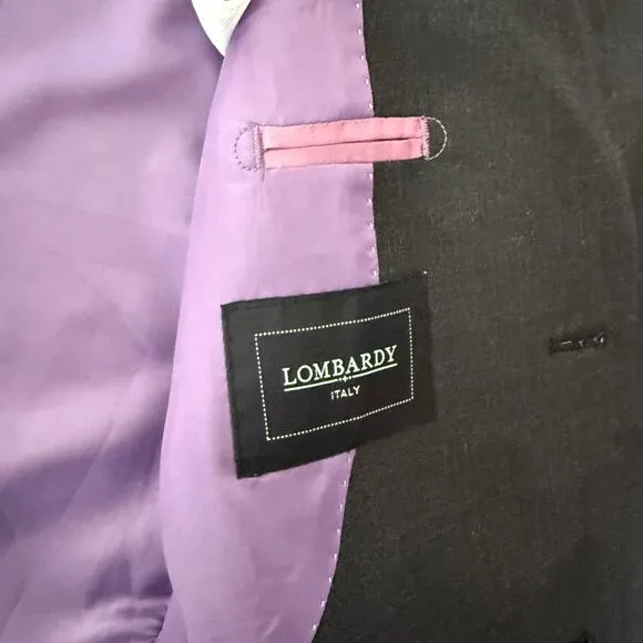 Lombardy Italy 46S Charcoal Gray Suit Jacket 100% Wool, Purple Lining Two-Button