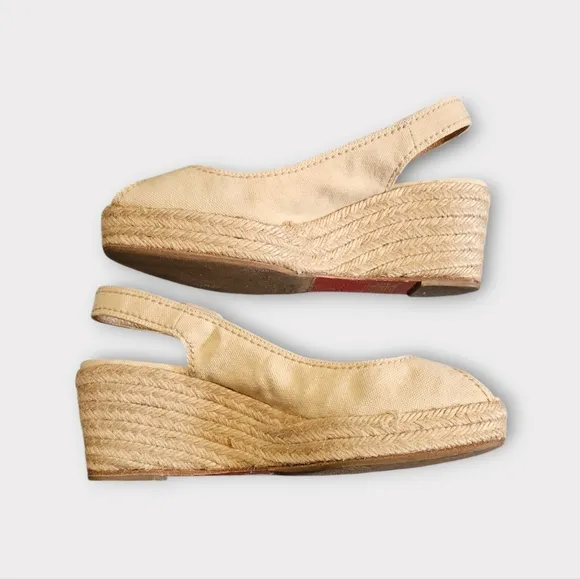 Louboutin Vintage Y2K Canvas Platform Slingback Peep Toe Wedge Espadrill…