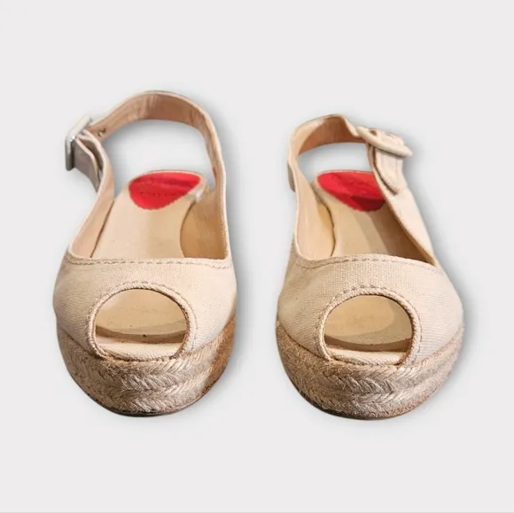 Louboutin Vintage Y2K Canvas Platform Slingback Peep Toe Wedge Espadrill…