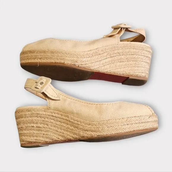 Louboutin Vintage Y2K Canvas Platform Slingback Peep Toe Wedge Espadrill…