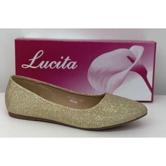 LUCITA / Friendly / Glitter Pointed-Toe / Ballet / Flats / Gold / Sparkle Synthe