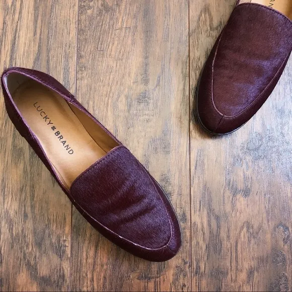 Lucky Brand • Camdyn calf cow hair loafer flat Sugar Red burgundy maroon leather