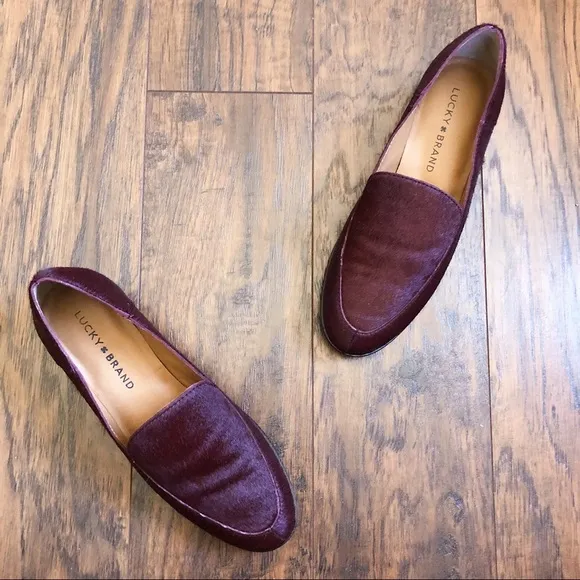 Lucky Brand • Camdyn calf cow hair loafer flat Sugar Red burgundy maroon leather
