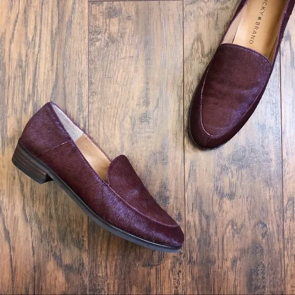 Lucky Brand • Camdyn calf cow hair loafer flat Sugar Red burgundy maroon leather