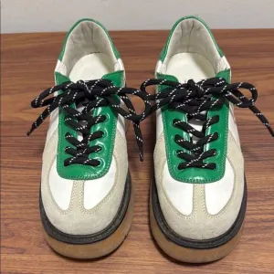 Lucky Chouette Suede &amp; Leather Chunky Oxford Woman’s Sneaker. Tan /White/Green.